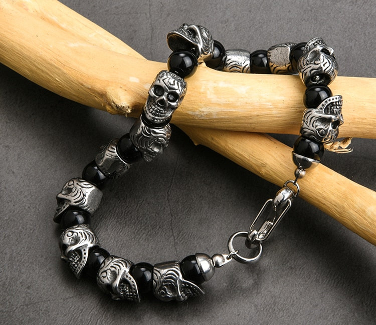 Vintage Stainless Steel 8mm Natural Stone Skull Bracelet. Badass bracelet for men. Cool gift for cool man. Badass gift for bikers. Badass jewelry. Badass biker skull jewelry. Badass skulll accessories. Badass gift for badass. Badass skull accessories. Badass skull jewelry. Christmas gift for badass. Christmas gift for bikers. Christmas gifts for tattoo artists.