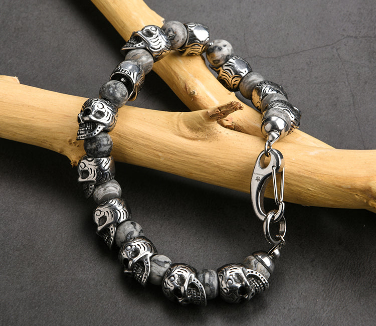 Vintage Stainless Steel 8mm Natural Stone Skull Bracelet. Badass bracelet for men. Cool gift for cool man. Badass gift for bikers. Badass jewelry. Badass biker skull jewelry. Badass skulll accessories. Badass gift for badass. Badass skull accessories. Badass skull jewelry. Christmas gift for badass. Christmas gift for bikers. Christmas gifts for tattoo artists.