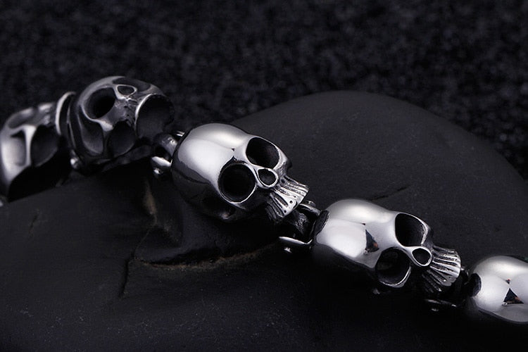 316 Stainless Steel Skull Heads Charm Bracelet. Badass skull bracelets. Badass skull jewelry. Badass skull accessory. Badass biker skull bracelet. Badass biker bracelets.