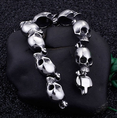 316 Stainless Steel Skull Heads Charm Bracelet. Badass skull bracelets. Badass skull jewelry. Badass skull accessory. Badass biker skull bracelet. Badass biker bracelets.