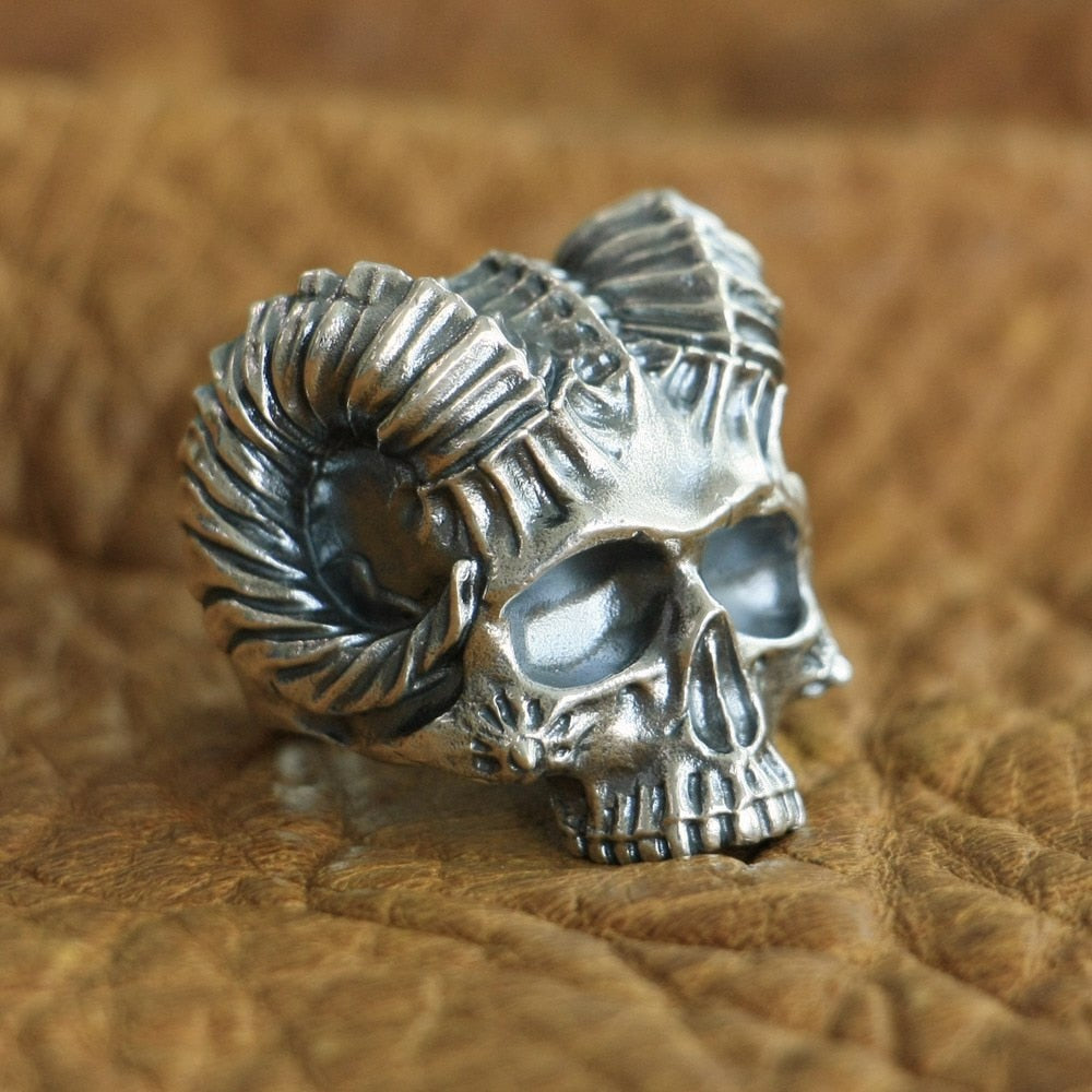 925 Sterling Silver Horned Demon Skull Ring