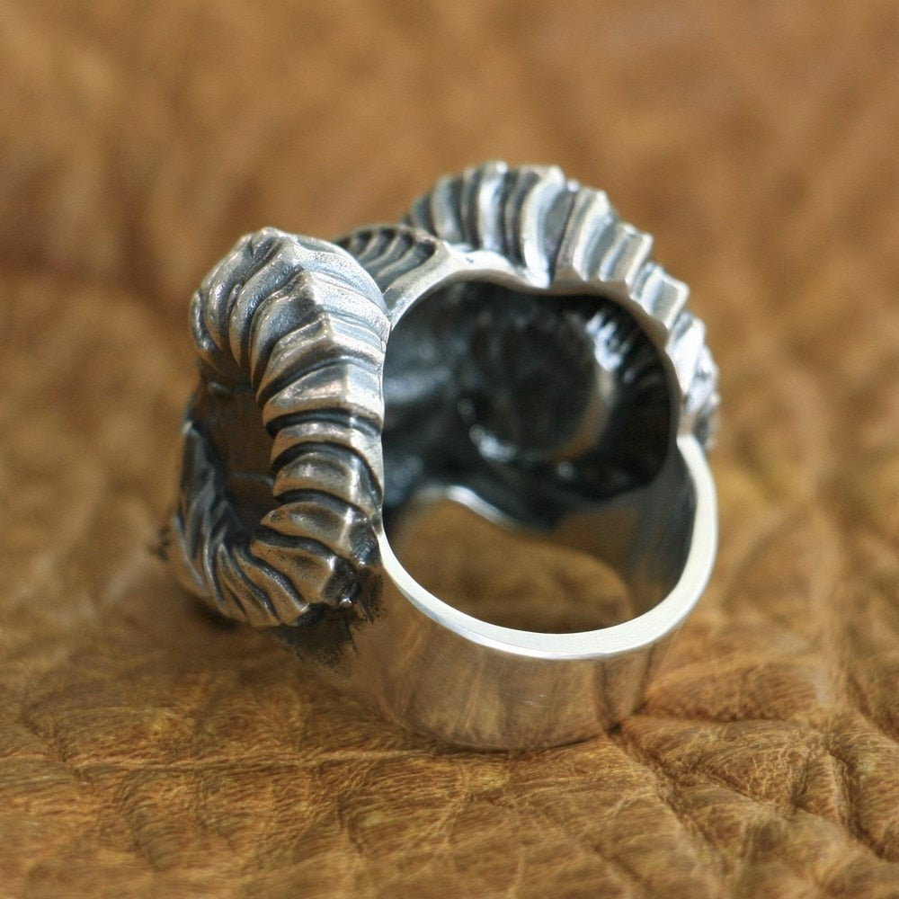 925 Sterling Silver Horned Demon Skull Ring