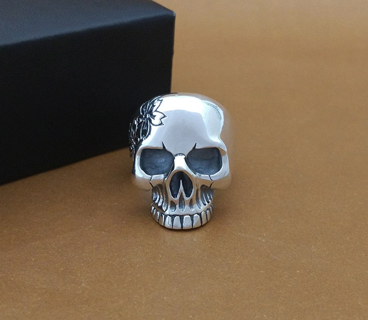 Punk Rock 925 Silver Flower Skull Ring