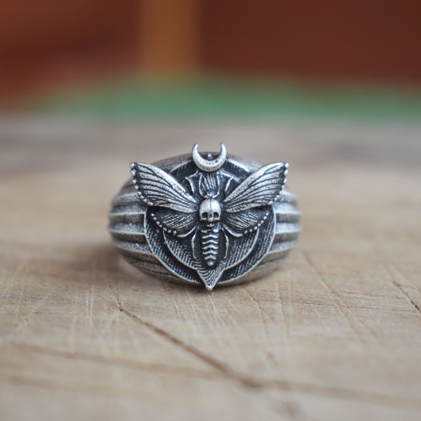 Silver Mystical Moth Dead Head Skull Ring