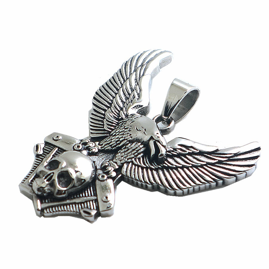 Stainless Steel Silver Biker Skull Eagle Engine Pendant