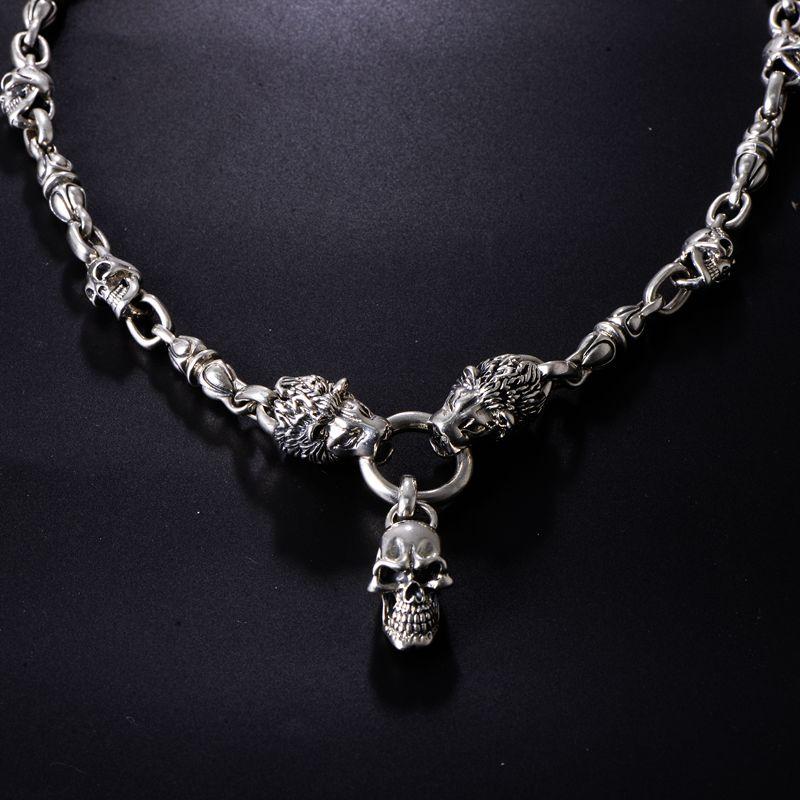 Solid 925 Sterling Silver Double Lion Heads Skull Necklace