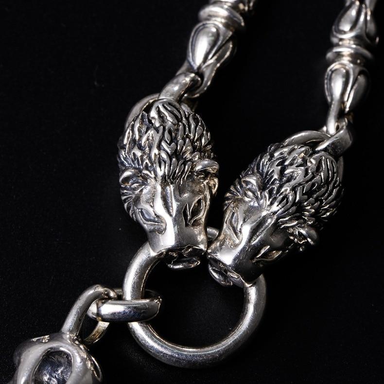 Solid 925 Sterling Silver Double Lion Heads Skull Necklace