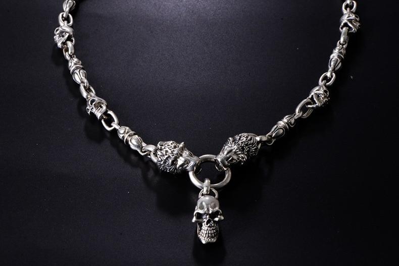 Solid 925 Sterling Silver Double Lion Heads Skull Necklace