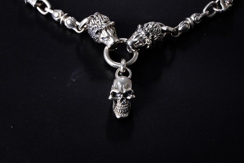 Solid 925 Sterling Silver Double Lion Heads Skull Necklace