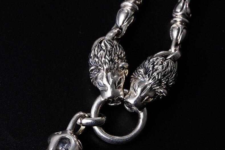 Solid 925 Sterling Silver Double Lion Heads Skull Necklace