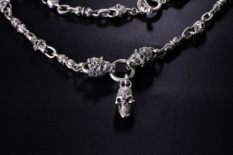 Solid 925 Sterling Silver Double Lion Heads Skull Necklace