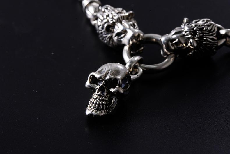 Solid 925 Sterling Silver Double Lion Heads Skull Necklace