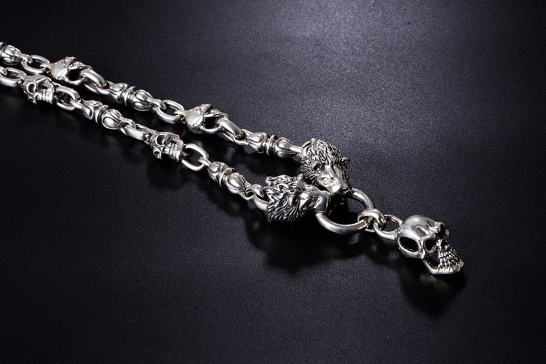 Solid 925 Sterling Silver Double Lion Heads Skull Necklace