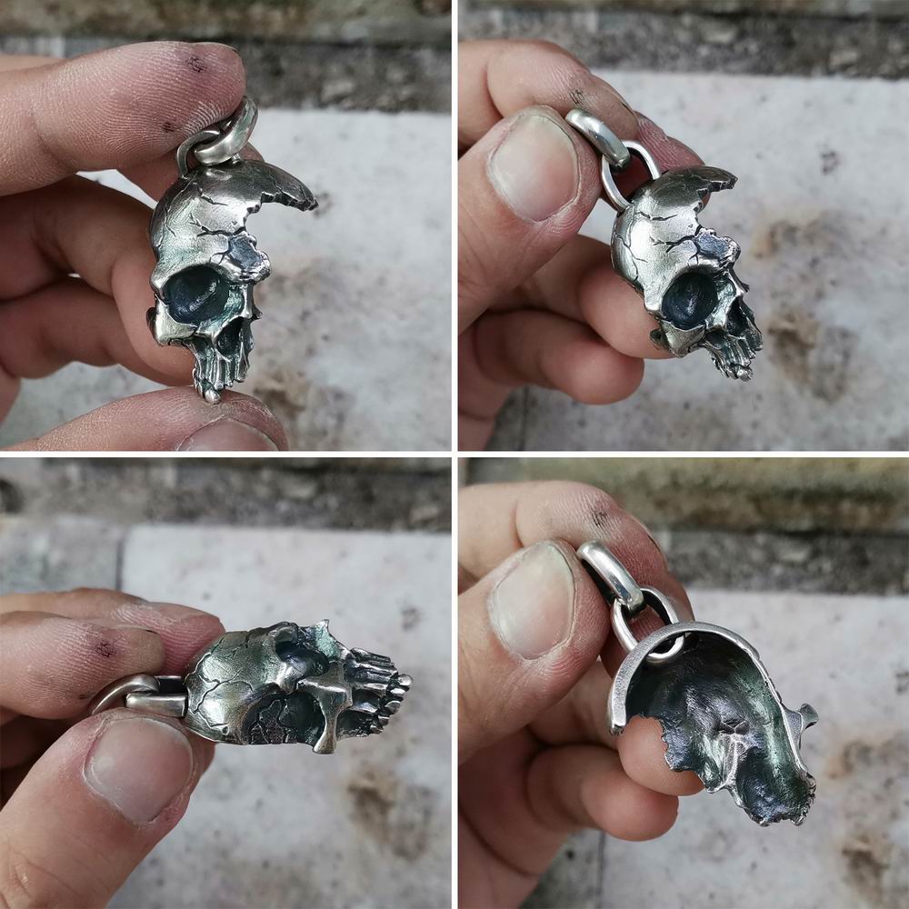925 Sterling Silver Damaged Half Face Skull Biker Pendant