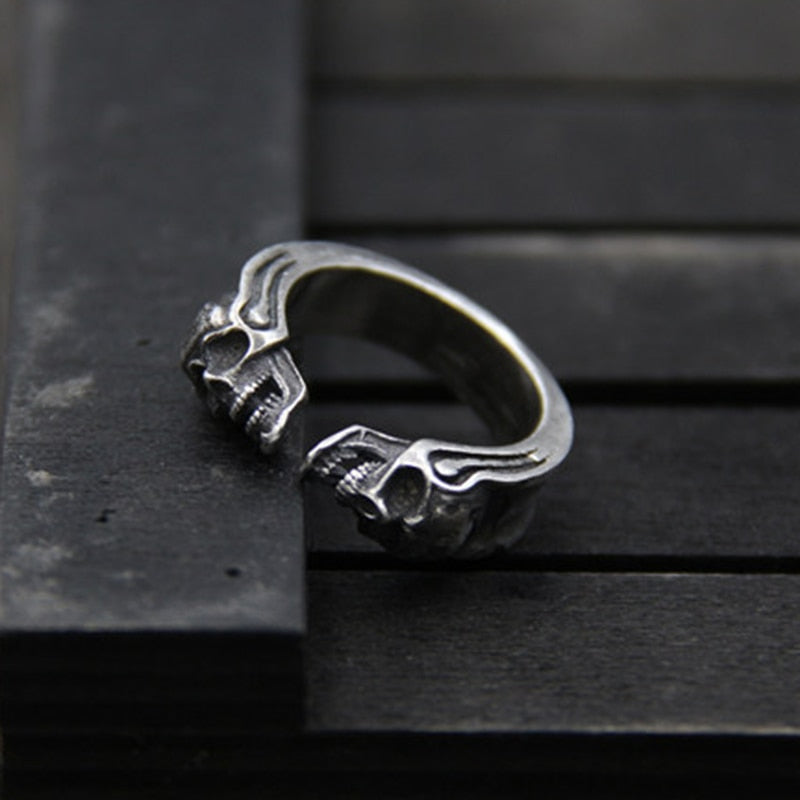 925 Sterling Silver Delicate Double Skull Ring. Badass skull ring. Badass skull jewelry. Badass skull accessories. Badass biker jewelry.