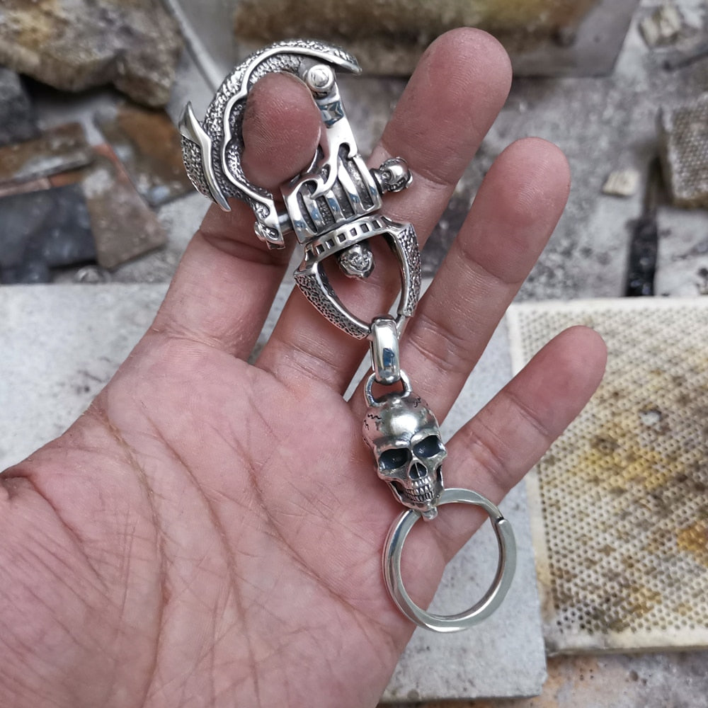 925 Sterling Silver Huge Biker Skull Keychain