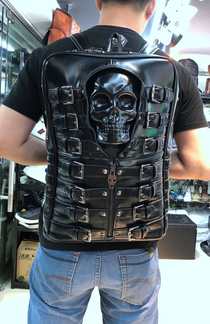 Buy Unique 3D Leather Biker Skull Backpack. 3D Biker Backpack made of strong and solid leather with capacity 20-35 Litre. Perfect for laptop and short trip. Absolutely badass skull backpack. On sales now!