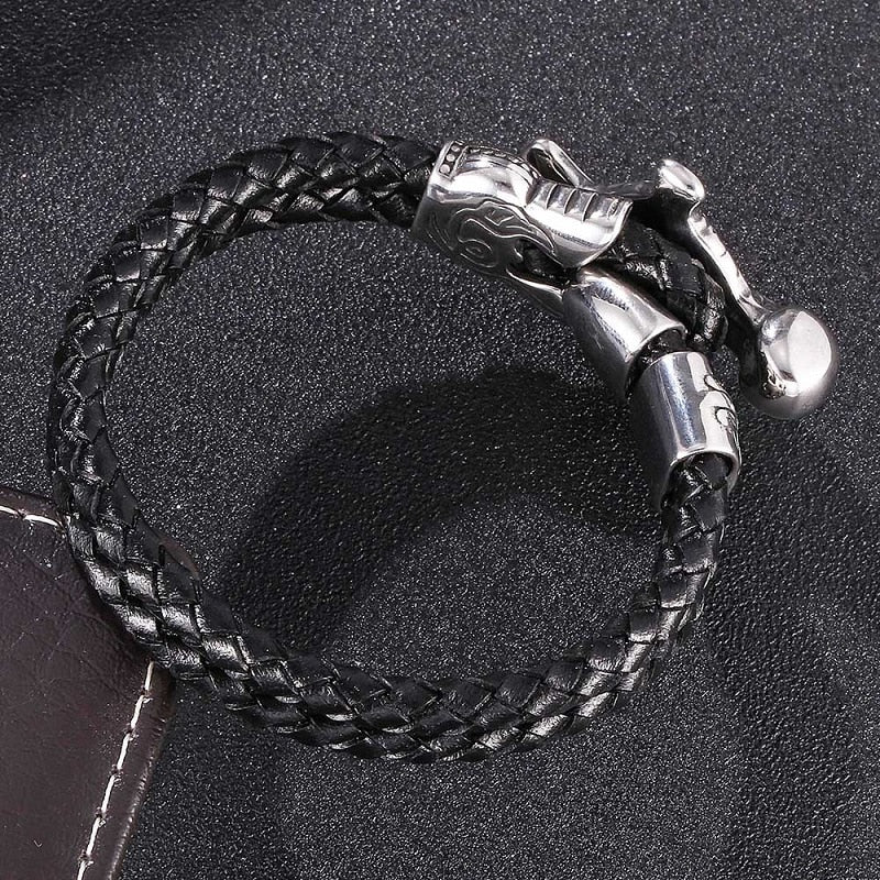 Cross and Skull Black Double Braided Leather Bracelet