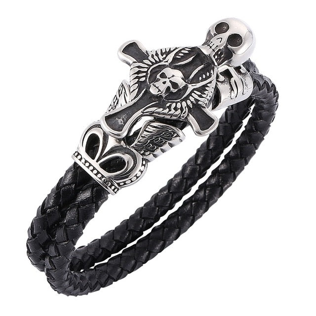 Cross and Skull Black Double Braided Leather Bracelet