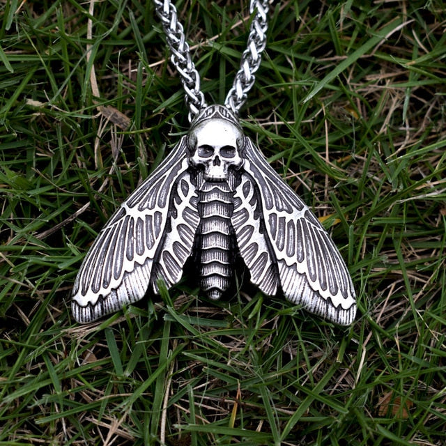 Dead Head Skull Moth Necklace with wheat chain