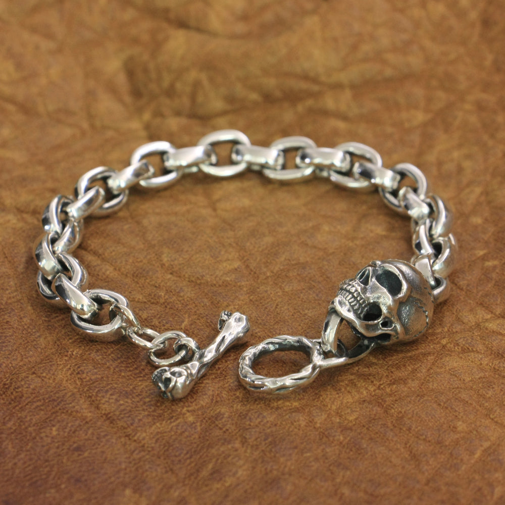 Handmade 925 Sterling Silver Biker Rock Skull Bracelet