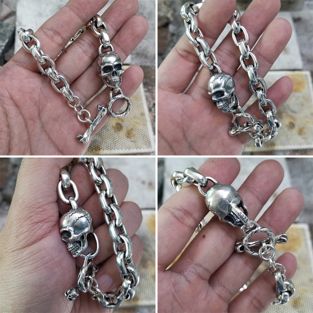 Handmade 925 Sterling Silver Biker Rock Skull Bracelet