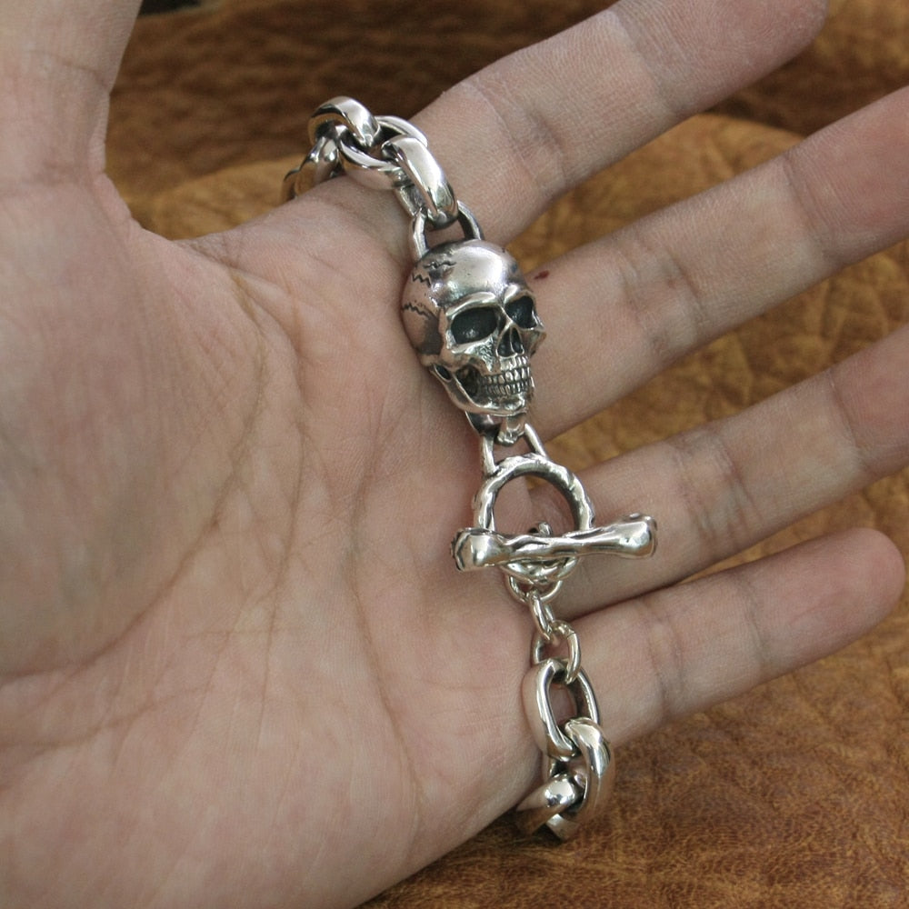 Handmade 925 Sterling Silver Biker Rock Skull Bracelet