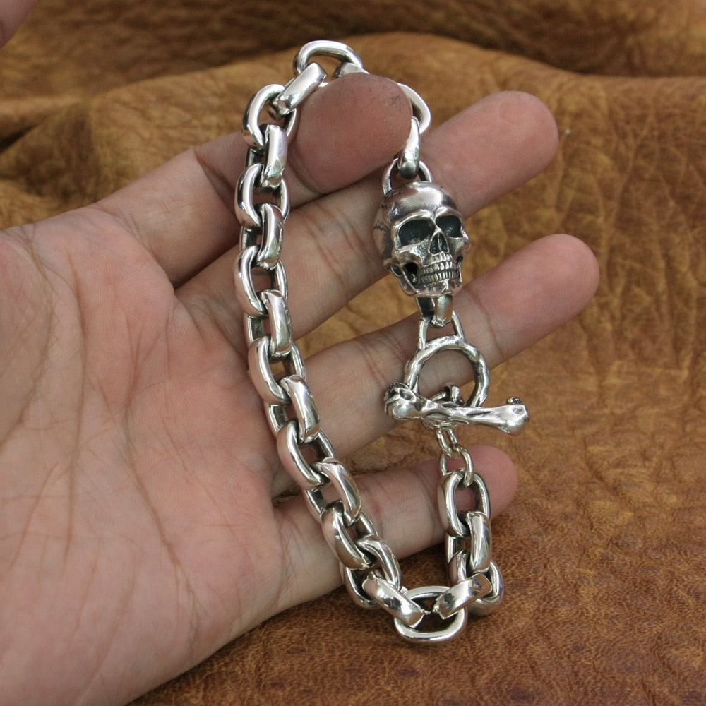 Handmade 925 Sterling Silver Biker Rock Skull Bracelet