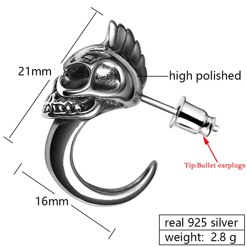 Cool 925 Sterling Silver Skull Stud Men Earrings