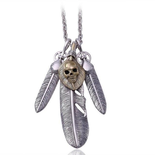 Real 925 Sterling Silver Feather Skull Pendant Chain Necklace