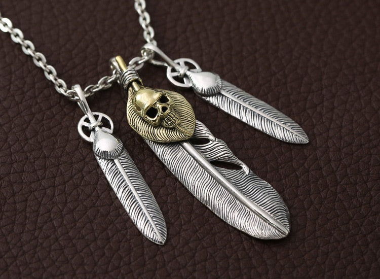 Real 925 Sterling Silver Feather Skull Pendant Chain Necklace