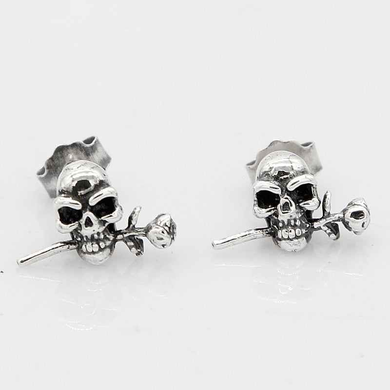 925 Sterling Silver Loving Roses Skull Stud Earrings