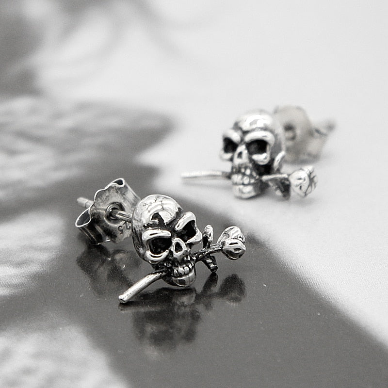 925 Sterling Silver Loving Roses Skull Stud Earrings