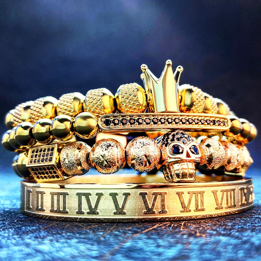 Gold Charm Crown Skull Bracelet Set