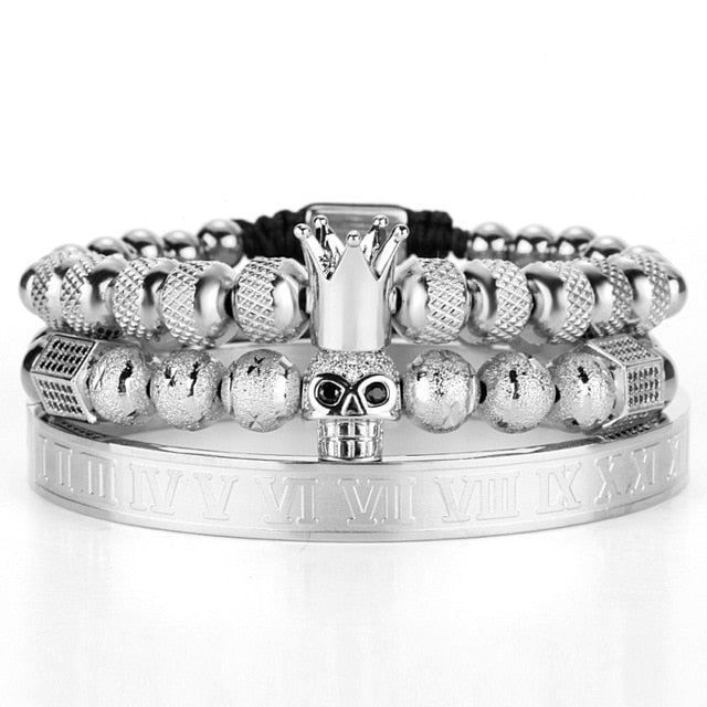 Silver Charm Crown Skull Bracelet Set