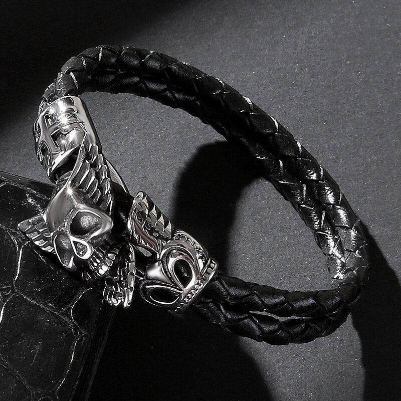 Braided Leather Punk Feather Wings Skull Bracelet