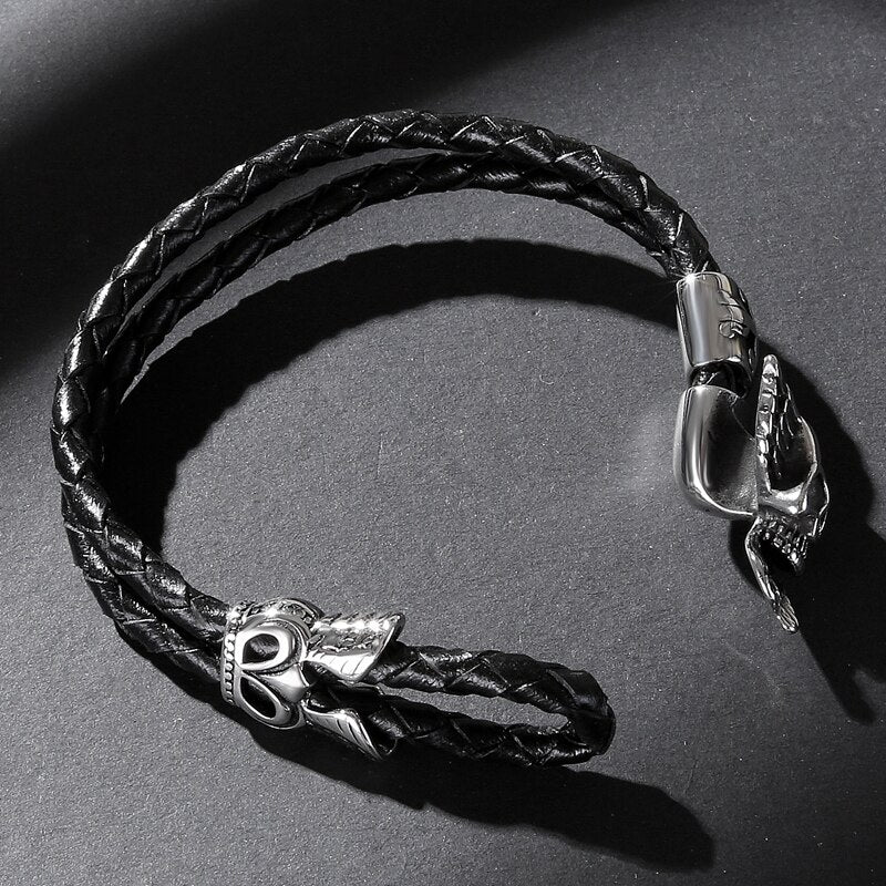 Braided Leather Punk Feather Wings Skull Bracelet