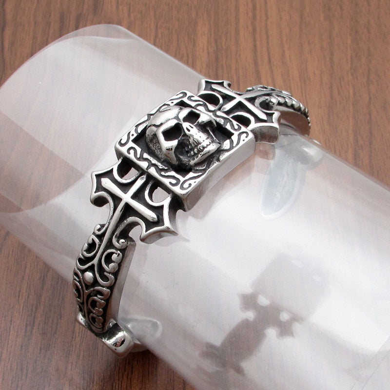 Punk 316L Stainless Steel Double Cross Skull Cuff Bangle