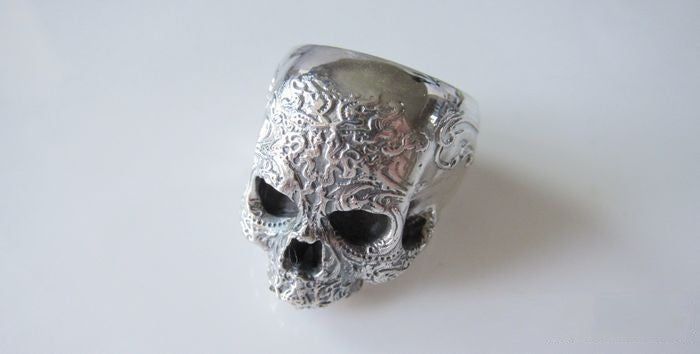 Unisex 925 Sterling Silver Engraved Pattern Skull Ring
