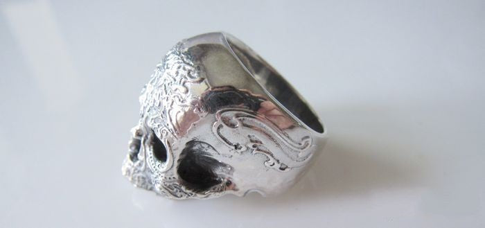 Unisex 925 Sterling Silver Engraved Pattern Skull Ring