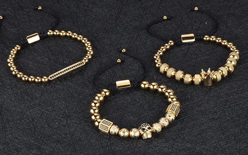 Gold Charm Crown Skull Bracelet Set