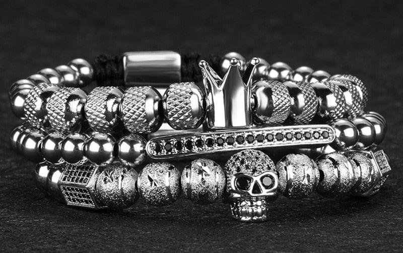 Silver Charm Crown Skull Bracelet Set