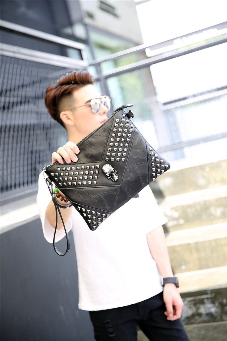 Men Rivet Day Clutches Skull Messenger Bag