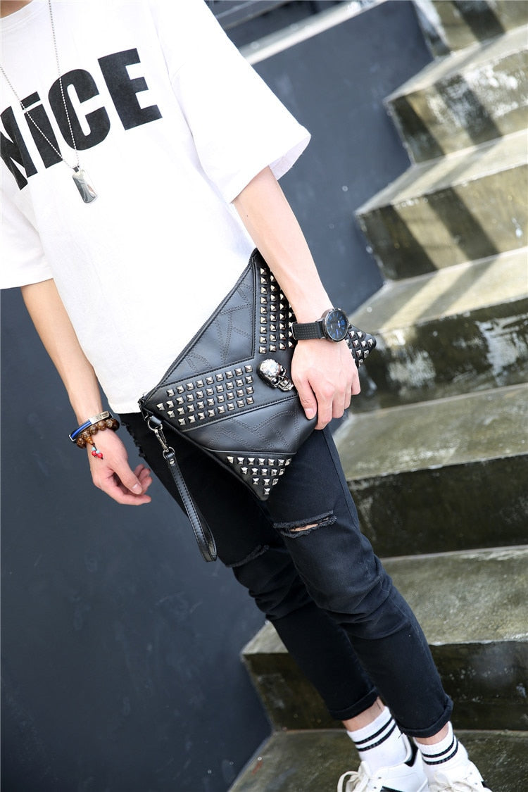 Men Rivet Day Clutches Skull Messenger Bag