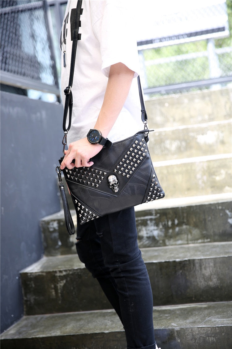 Men Rivet Day Clutches Skull Messenger Bag