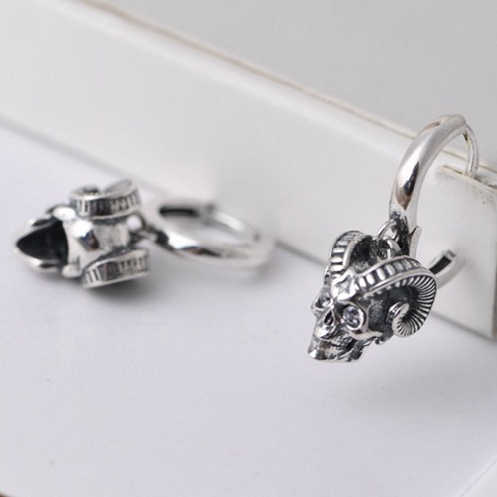 Pure 925 Silver Horn Skull Earrings