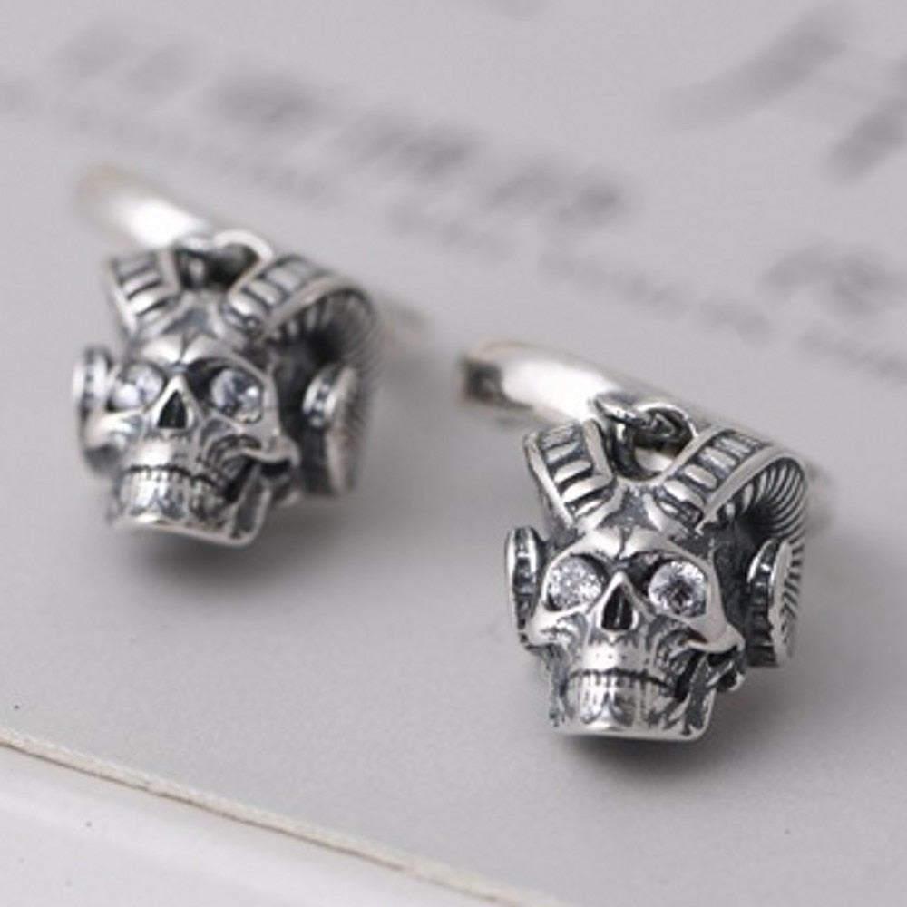 Pure 925 Silver Horn Skull Earrings