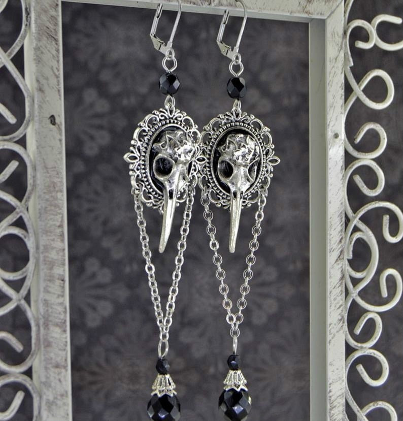 Gothic Raven Bird Skull Earrings