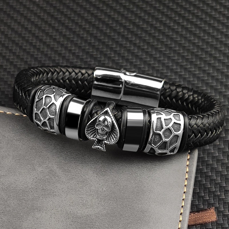 Braided Leather Stainless Steel Charm Spade Skull Bracelets