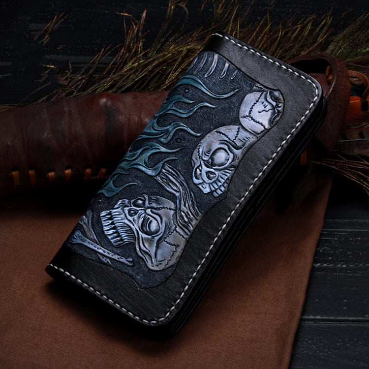 Hand Carving Leather Skull Wallet